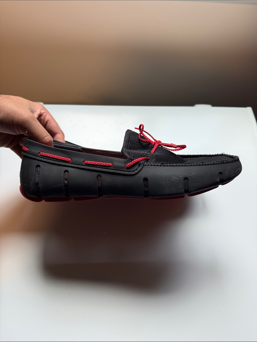 Swims Black Boat Shoe with Red Laces